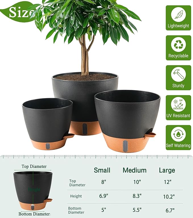 8/10/12 Inch Self Watering Pots for Indoor/Outdoor Plants - Large Plastic Planter with Drainage Holes, Water Level Indicator & Deep Reservoir, Modern Decorative Flower Pots (Black)