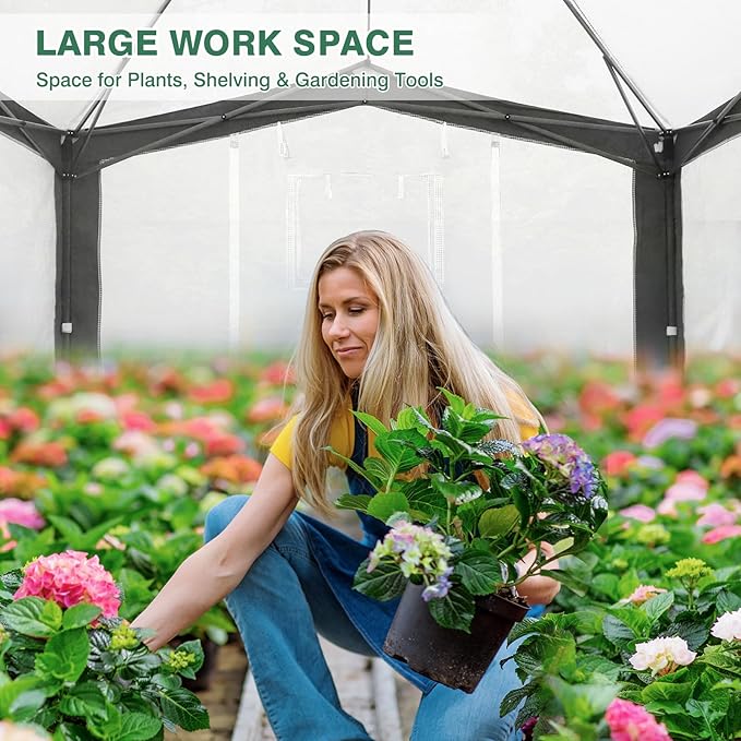 EAGLE PEAK 12x8 Portable Walk in Greenhouse with Polyester Reinforced Corners, Instant Pop up Indoor Outdoor Gardening Green House, Roll Up Zipper Doors Mesh Windows & Winter Support Pole, Gray/White