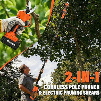 Maxlander 2-IN-1 Electric Pole Pruning Shears Cordless, 1.2" Cutting Diameter Brushless Tree Pruner, 2 x 3.0Ah Battery Powered Branch Cutter for Gardening, Tree Trimming,14Ft Reach, LCD Display