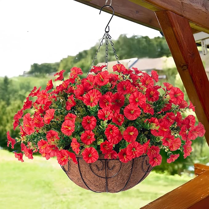 HyeFlora Artificial Fake Hanging Flowers for Outdoors Baskets Spring Decor, Faux Hanging Plants Outside Silk Morning Glory in Planter Look Real UV Resistant for Outdoor Porch Patio Garden Home, Red