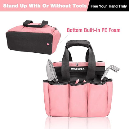 WORKPRO Garden Bag, Garden Tool Tote Storage Bag with 8 Pockets, Home Organizer for Outdoor Gardening Caddy, Garden Tool Kit Holder (Tools NOT Included), Garden Gifts, Pink Ribbon