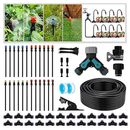 Drip Irrigation Kit - 100 FT. Hose Sprinkler System with 360° nozzles and T-connectors for Gardens, lawns, Plants, Flower beds, Trees, patios and hydroponics (24 360° nozzles + 24 T-connectors)