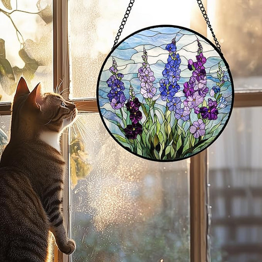 Stained Glass Window Hanging - Blue Purple Delphinium Suncatcher for Door Garden Home Decor Birth Flower Sun Catcher Birthday for Friend Lovers Women Mom Nana 6.3 in