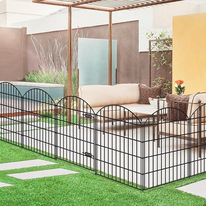 Metal Garden Fence with Gate 36in (H) x 23.3ft (L), 1 Gate+ 9 Panels Dog Fence Border Fence Animal Barrier, No Dig Garden Fencing for Yard Flower Bed Lawn Patio Outdoor, ECG3610, Black