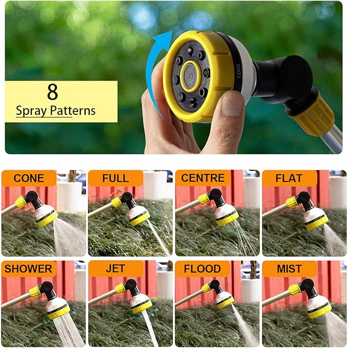 17.5" Gardening Watering Wand | 8 Spray Patterns & Thumb-Controlled Switch | 180° Rotating Long Nozzle| for Plants, Hanging Baskets and Shrubs, Pet Bathing, Wall Washing (yellow)