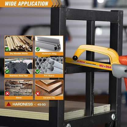 KATA Hacksaw, Compact Hand Operating Hack Saw with 10 Inch Aluminum Frame, 2 Piece Extra Flexible Bi-Metal HSS Blades and 1 Piece Woodworking Saw Blade, Suitable for Wood and Metal (Mini Hacksaw)