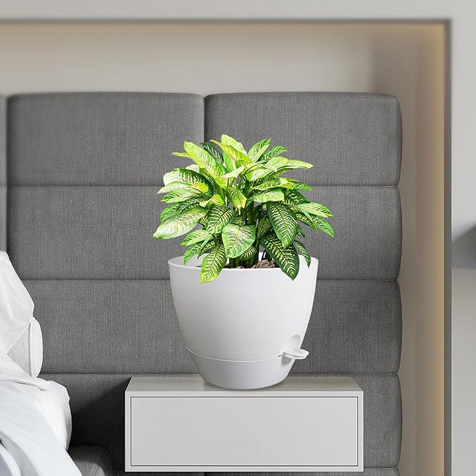 12 inch Large Self Watering Pots, Flower Plant Pots with Multi Mesh Drainage Holes for Indoor Outdoor Garden Plants and Flowers, Plastic Planters with Removable Reservoir, White