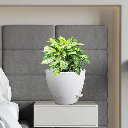 12 inch Large Self Watering Pots, Flower Plant Pots with Multi Mesh Drainage Holes for Indoor Outdoor Garden Plants and Flowers, Plastic Planters with Removable Reservoir, White