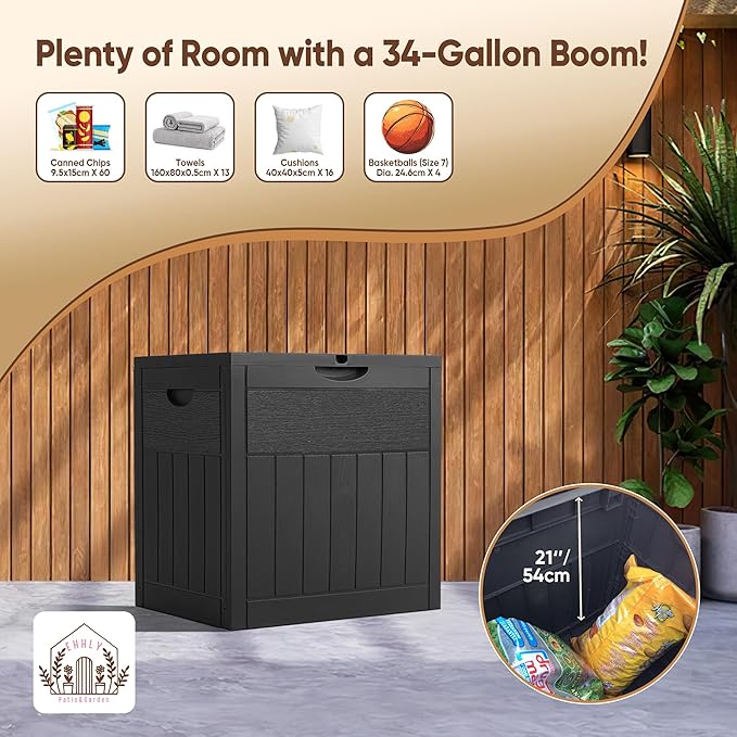 EHHLY 33 Gallon Outdoor Storage Box, Small Deck Box Waterproof, Lockable Secure Package Bin Delivery Box for Outside Front Porch, Patio Cushions Storage Box, Delivery Driver Snack Box for Porch, Black
