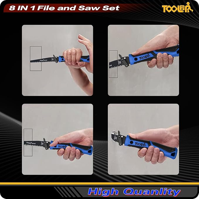 8-In-1 Multi Blades Hand Saw, Drywall Cutter. Hacksaw. Long Blade, Jab Saw, For Cutting Drywall, Sheetrock, Wood, Metel, Plastic, Plywood. Blade Quick Change Mechanism. Blue Handle