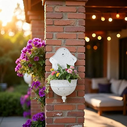Rustic Metal Wall Planter Distressed Decor Wall Mounted Flower Pot Vintage Hanging Plant Holder for Outdoor Indoor Garden Home Balcony Patio Farmhouse Decorative (White)