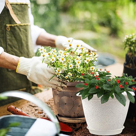 8 Inch Flower Pots Planters for Indoor Outdoor Plants, 4 Pack Plastic Small Plant Pots with Drainage Hole & Tray, Modern Decorative Garden Pot with Saucer, Plant Container for House