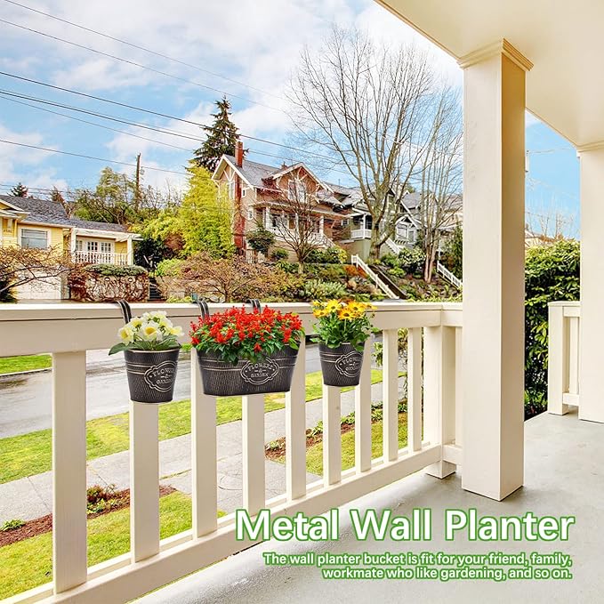 PerGar Vintage Metal Iron Wall Hanging Flower Pots, Rustic Planter Bucket Herb Flower Plant Holder with Detachable Hooks & Drainage Hole for Railing Fence Balcony Deck Garden Home Decoration, Set of 3