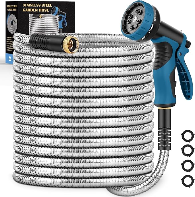 Garden Hose 50FT, Water Hose with 10 Function Nozzle, Garden Hose Metal with Leak-proof Connectors, Kink-Free & Ultra Flexible, Rust/Pet/Puncture Proof for Lawn, Yard, RV, Car Wash, 550PSI
