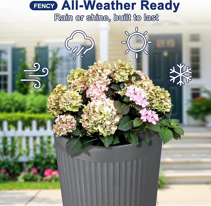 FENCY 2Pack 24IN Self Watering Planter for Indoor Plants, Plastic Large Planter for Outdoor Plants, Water Level Indicator& Spacious Reservoir Flower Planter Decorative(Grey)