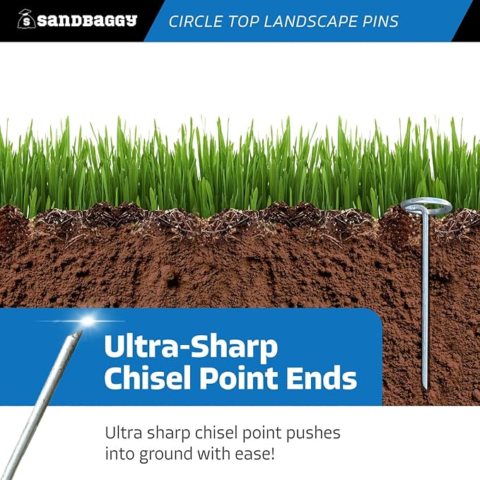 Sandbaggy 6-inch Circle Top Pins - Landscape Staples (Galvanized) - Garden Stakes for Landscaping, SOD - Heavy Duty Ground Stakes, Lawn Turf Spikes, Christmas Decorations, Weed Mats (25 Pins)