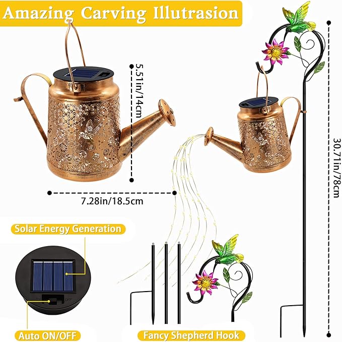 Solar Watering Can Lights, Hummingbird Hanging Lanterns Outdoor, Birthday Gifts for Christmas Mom Women Grandma , Waterproof Solar Lights Garden Decor for Outside Yard Art Patio Porch Lawn Backyard