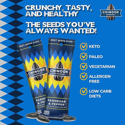 Chinook Seedery Low Sodium Sunflower Seeds – Parmesan & Pepper Flavor, Pack of 36, 1.5oz – Sunflower Seeds to Eat – Keto, Jumbo, Roasted, Baseball Snacks