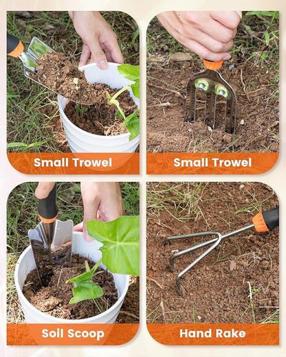 Garden Tool Set, 7 Piece Stainless Steel Heavy Duty Gardening Tool Set, with Non-Slip Rubber Grip, Storage Pocket, Ideal Garden Tool Kit Gift for Women/Parent (7-Piece Set)