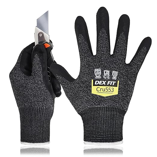DEX FIT Level 5 Cut Resistant Gloves Cru553, 3D-Comfort Stretchy Fit, Power Grip, Professional Grade, Thin, Touch-Screen Compatible, Durable, Machine Washable; Black Grey S (7) 12 Pairs
