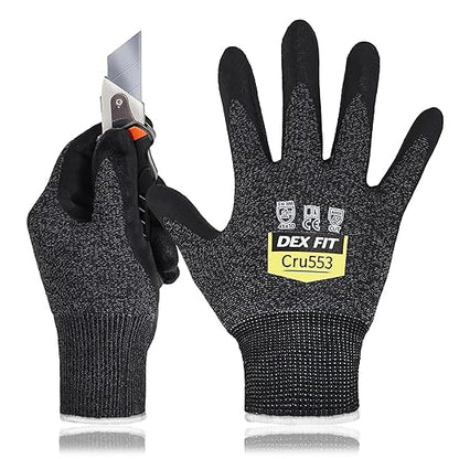 DEX FIT Level 5 Cut Resistant Gloves Cru553, 3D-Comfort Stretchy Fit, Power Grip, Professional Grade, Thin, Touch-Screen Compatible, Durable, Machine Washable; Black Gray S (7) 1 Pair