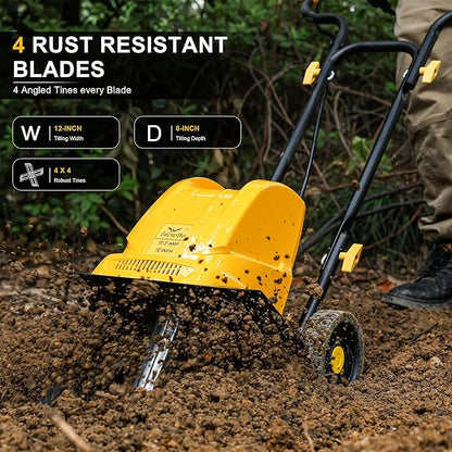 Garden Rototiller 12-Inch 10.5-Amp Corded Electric Tiller/Cultivator, Adjustable Wheels, 8-Inch Tilling Depth, Powerful and Lightweight Tiller