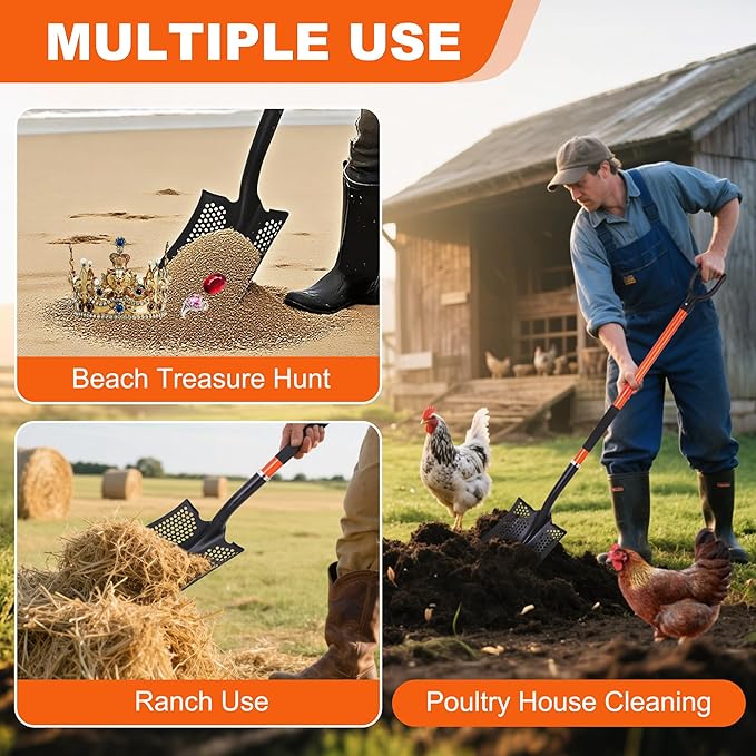 HIGHLIGHT Detachable Sifting Shovel - 45 Inch Sand Sifter with Ergonomic D-Grip Handle for Beach, Garden & Farm Cleaning - Fiberglass Handle & Powder Coated Steel