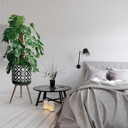 D'vine Dev 16 Inch Planter Pot with Stand, Mid-Century Tall Plant Pot with Legs for Indoor Plants, White/Black, 88-G-E-4