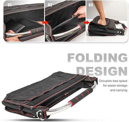 HAUTMEC 18 Inch Tool Bag, Foldable Open Top Tool Tote with 27 Pockets and Removable Partition, Heavy-Duty Electrician Tool Bag with Adjustable Shoulder Strap & Water-Resistant Molded Base – HT0020