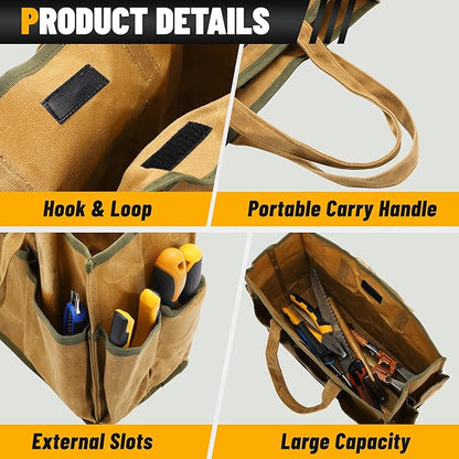 16OZ Waxed Canvas Tool Tote Bag | Large-Capacity Tool Storage Tote with 10 External Pockets | Multi-Purpose Garden Tool Carrier for Gardening, Wrench, and Carpentry Tools – Khaki
