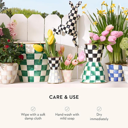 MACKENZIE-CHILDS Flowerpot, Decorative Garden Pot for Growing Plants, Green-and-White Emerald Check