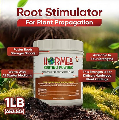 Hormex Rooting Powder #16 (1.60 IBA) - Fast-Acting Rooting Hormone for Difficult Hardwood & Tree Cuttings - Root Stimulator for Plant Cloning - Strong Growth for Maximum Propagation Success, 1LB