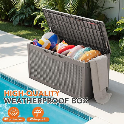 110 Gallon Deck Box Outdoor Indoor Waterproof Storage Box for Patio Furniture, Pool Accessories, Garden Tools, and Cushion Storage, Coffee