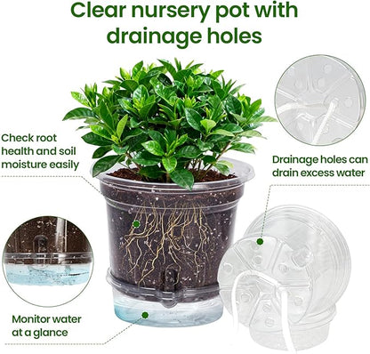 MIXC 12 Packs 6.5 Inch Self Watering Pots for Indoor Plants - Clear Nursery Plant Pots with Drainage, Deep Visible Reservoir - Flower Planter Outdoor with Wicking Rope
