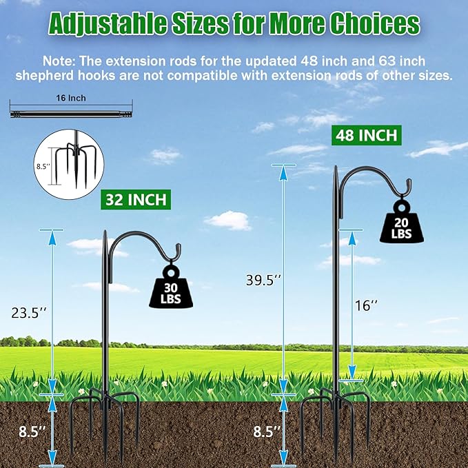 FEED GARDEN Short Shepherds Hooks for Outdoor, 48 Inch Bird Feeder Pole with 5 Prongs Base, Heavy Duty Shepherds Hook Garden Hook for Hummingbird Feeder, Hanging Lantern, Plant Baskets,1 Pack