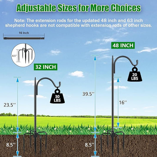 FEED GARDEN Short Shepherds Hooks for Outdoor, 48 Inch Bird Feeder Pole with 5 Prongs Base, Heavy Duty Shepherds Hook Garden Hook for Hummingbird Feeder, Hanging Lantern, Plant Baskets,1 Pack