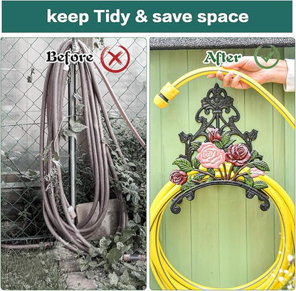 Sungmor Cast Iron Heavy Duty Garden Hose Holder - Decorative Hand-Painted Peony Wall Mounted Water Hose Hanger - Wall Decoration Hanging Hose Rack - Hose Reel Storage Butler - Metal Hose Stand