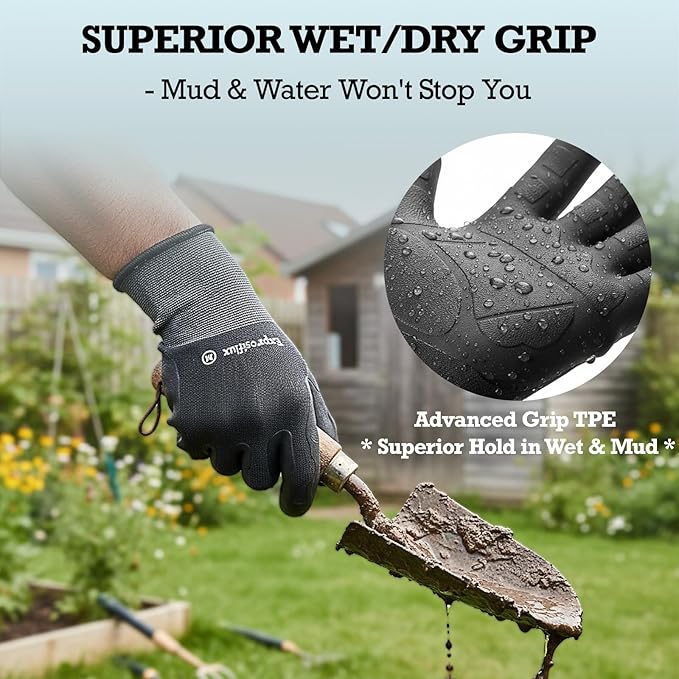 Thorn Proof Gardening Gloves for Women & Men (2 Pack) - 3X Anti-Slip Grip, Reinforced TPE Palm & Breathable Nylon - for Pruning Roses, Landscaping, Sharp Mulch (Black-2Pairs, Medium)