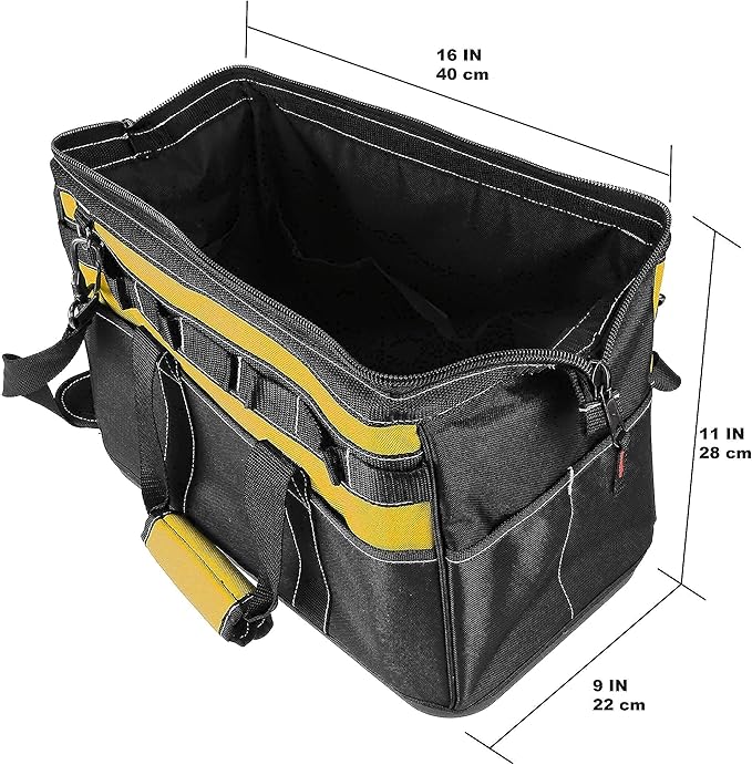 Olympia Tools 16 Inch Wide Mouth Tool Bag, Tool Tote with Water Proof Molded Base, Tool Bags for men with 21 Pockets and 7 Belt Loops, Padded Handle, Adjustable Shoulder Strap