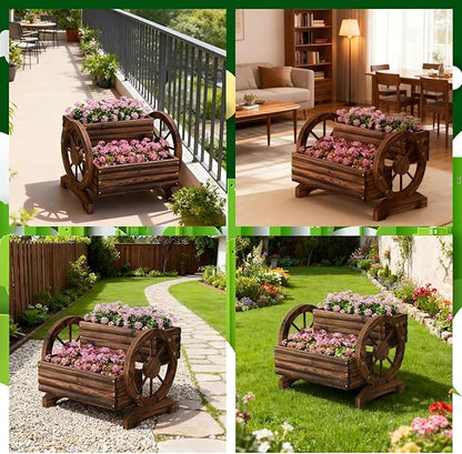 Wooden Flower Cart with Wheels Wooden Wagon Planter Outdoor Garden Planter, Decor Planter for Patio Balcony Decoration Succulent Flower Pot Flower Cart for Indoor Backyard Balcon Décor