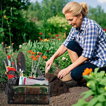 Garden Tool Basket Metal Mesh Gardening Kit Organizer Garden Hand Tools Arrange and Display Storage - Gardening Gifts for Women Men 10" L x 7" W x 4.75" H for Pruning Shears, Cultivator, Gloves