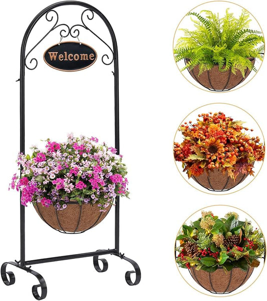LEWIS&WAYNE 40’’ Tall Metal Welcome Planter Basket Stand with Coco Liner, Outdoor Décor for Porch, Deck, Patio, Landscape