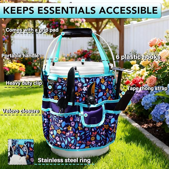 KUNN Bucket Tool Organizer 5 Gallon with Hangable Handle 18-Pocket Detachable Bucket Bag for Tools, Garden Caddy Tote with Pockets, Heavy Duty 600D Polyester Gardening Accessory,Blue