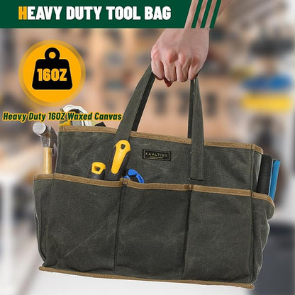 Tool Tote Bag, Heavy Duty 16oz Waxed Canvas Garden Tool Bag | Portable 11-Pocket Tool Storage Bag for Gardener Electrician Contractor Repairman (14"L x 5.5"W x 10.5"H) – Army Green