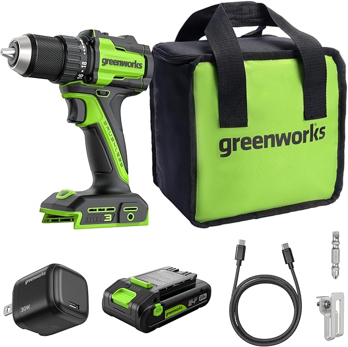 GREENWORKS 24V 1/2" Brushless Cordless Drill (400 In-lbs.), 2.0Ah (12,000mAh Power Bank) USB-C Batteries, 3.3 FT Braided Cable, 30W Charger