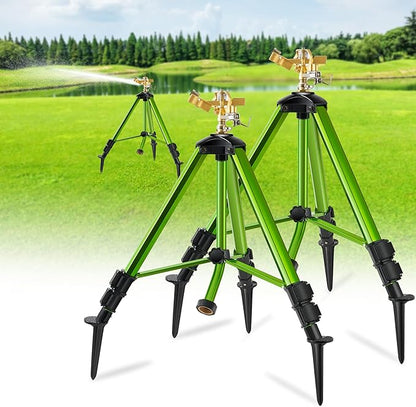 Impact Sprinklers on Tripod Base with Ground Plugs,Heavy Duty Brass Head Sprinkler with 360 Degree Spray,0-44ft Large Area Irrigation,Tripod Sprinkler with Extension Legs for Yard Garden Lawn,2 Pack