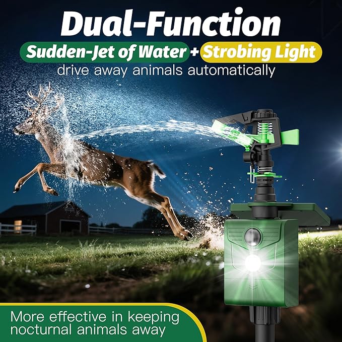 Motion Activated Sprinkler Deer Repellent Devices with Flashing Light, Solar Powerd Cat Repellent Outdoor with Motion Sensor - Keep Rabbits Shunks Dog Raccoons Birds Away from Lawn and Garden