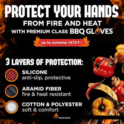 Pro-Series BBQ Gloves - Heat Resistant Grill, Grilling, and Oven Gloves for Culinary Experts - Extreme Fireproof Protection, Silicone Grip, Extra Long Mitts - Indoor & Outdoor - with Protective case