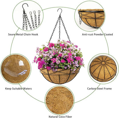 2 Pack 20 Inch Extra Large Deep Hanging Planters for Outdoor Plants Watering Hanging Baskets Flower Pots with Coco Liners Metal Hanging Plant Holder for Porch Balcony Garden Decor