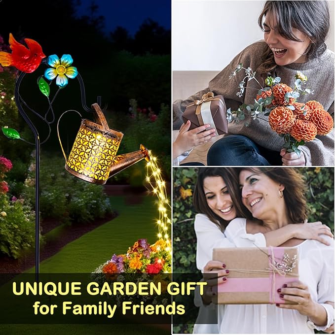 Solar Watering Can with Cascading Lights Outdoor Garden Decor, Cardinal Shaped Hook Gardening Gifts for Mom Women Grandma Birthday, Solar Lights for Garden Decorations Patio Yard Lawn Backyard